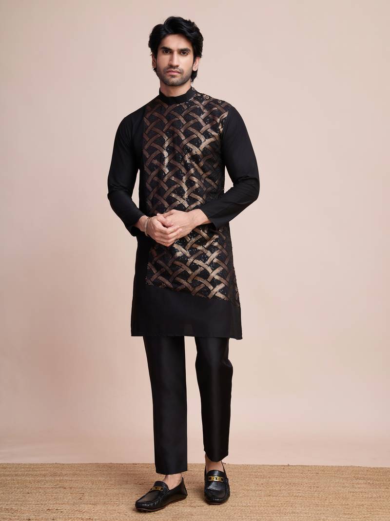 Black silk thread and sequins embroidered work wedding function festival marriage party wear straight kurta