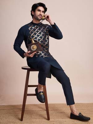 Navy blue silk thread and sequins embroidered work wedding function festival marriage party wear straight kurta 7