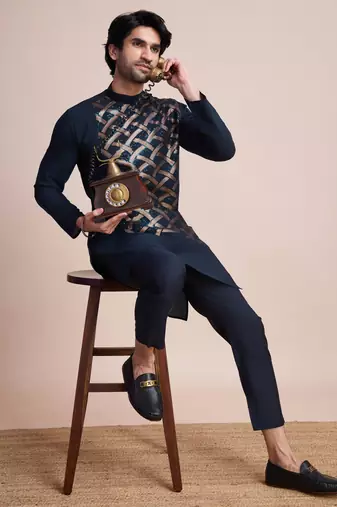 Navy blue silk thread and sequins embroidered work wedding function festival marriage party wear straight kurta