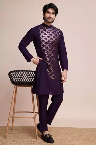 purple silk thread and sequins embroidered straight kurta
