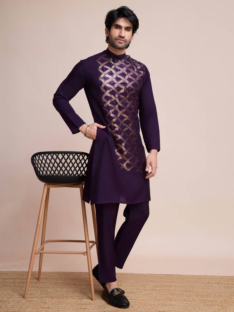purple silk thread and sequins embroidered straight kurta