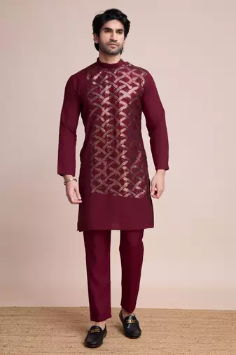 maroon silk thread and sequins embroidered straight kurta