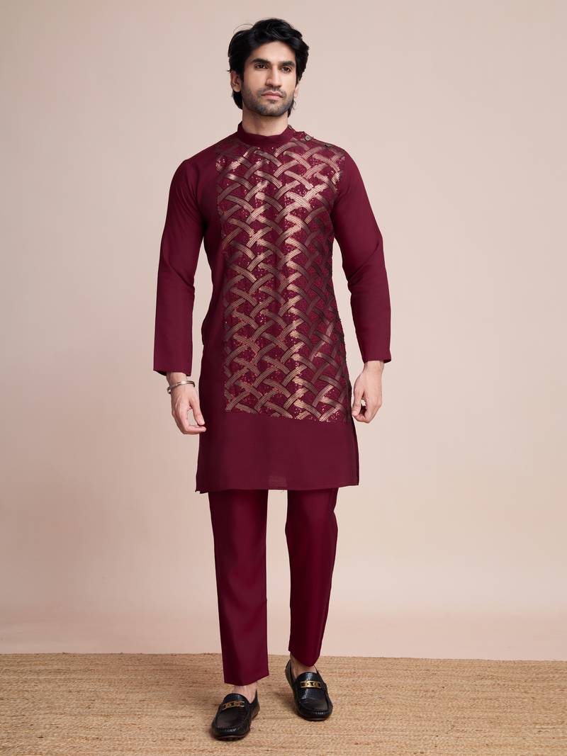 maroon silk thread and sequins embroidered straight kurta