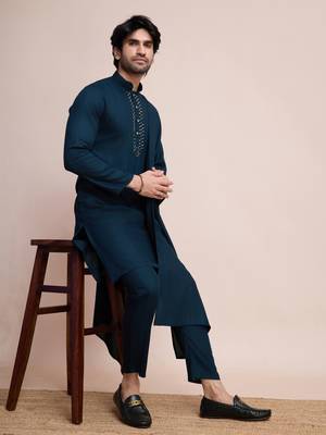 Teal blue viscose jari weaving mirror work wedding function festival marriage party wear straight kurta pant dupatta 7