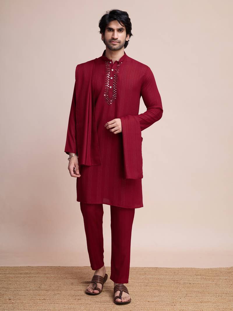 Maroon viscose jari weaving mirror work wedding function festival marriage party wear straight kurta pant dupatta