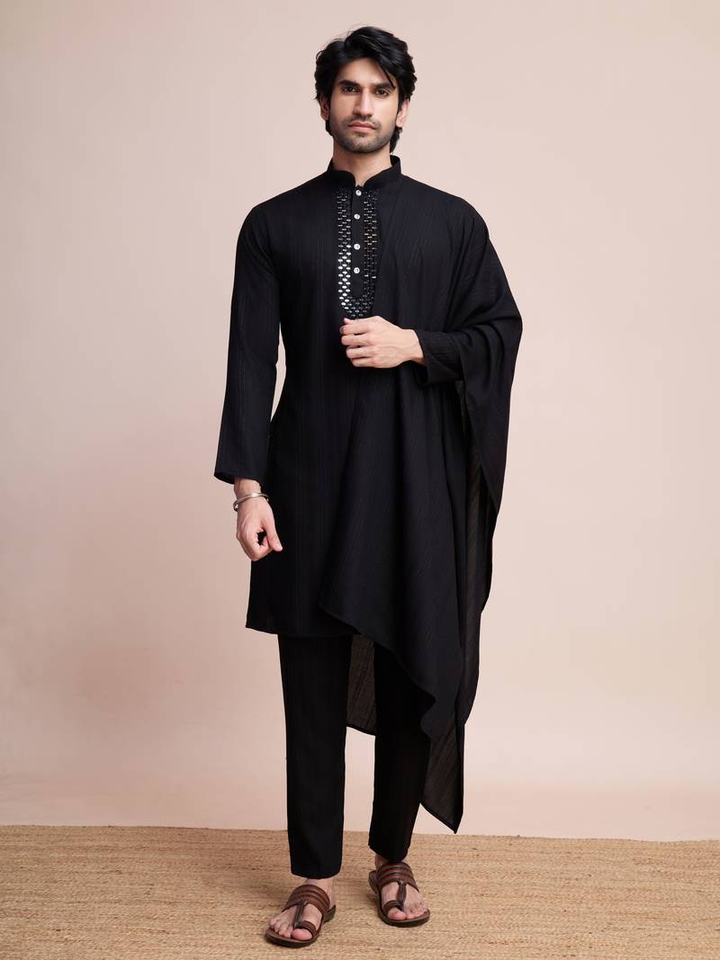 Black viscose jari weaving mirror work wedding function festival marriage party wear straight kurta pant dupatta