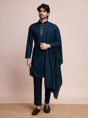 Teal blue viscose jari weaving mirror work wedding function festival marriage party wear straight kurta pant dupatta 8