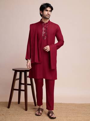 Maroon viscose jari weaving mirror work wedding function festival marriage party wear straight kurta pant dupatta 8