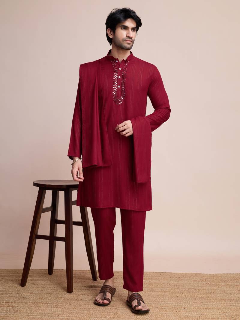 Maroon viscose jari weaving mirror work wedding function festival marriage party wear straight kurta pant dupatta