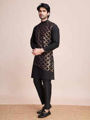 Black silk thread and sequins embroidered work wedding function festival marriage party wear straight kurta 8
