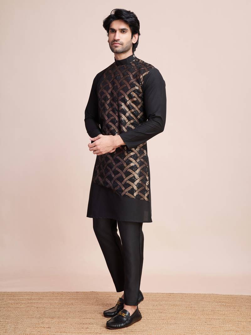 Black silk thread and sequins embroidered work wedding function festival marriage party wear straight kurta