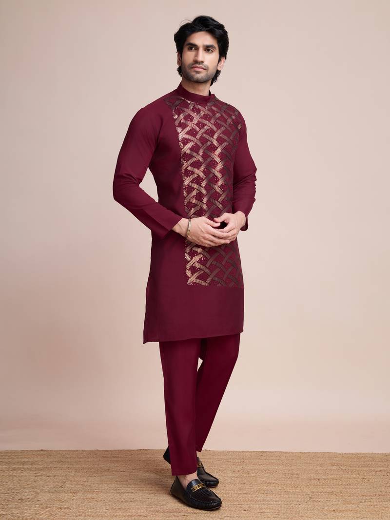 maroon silk thread and sequins embroidered straight kurta