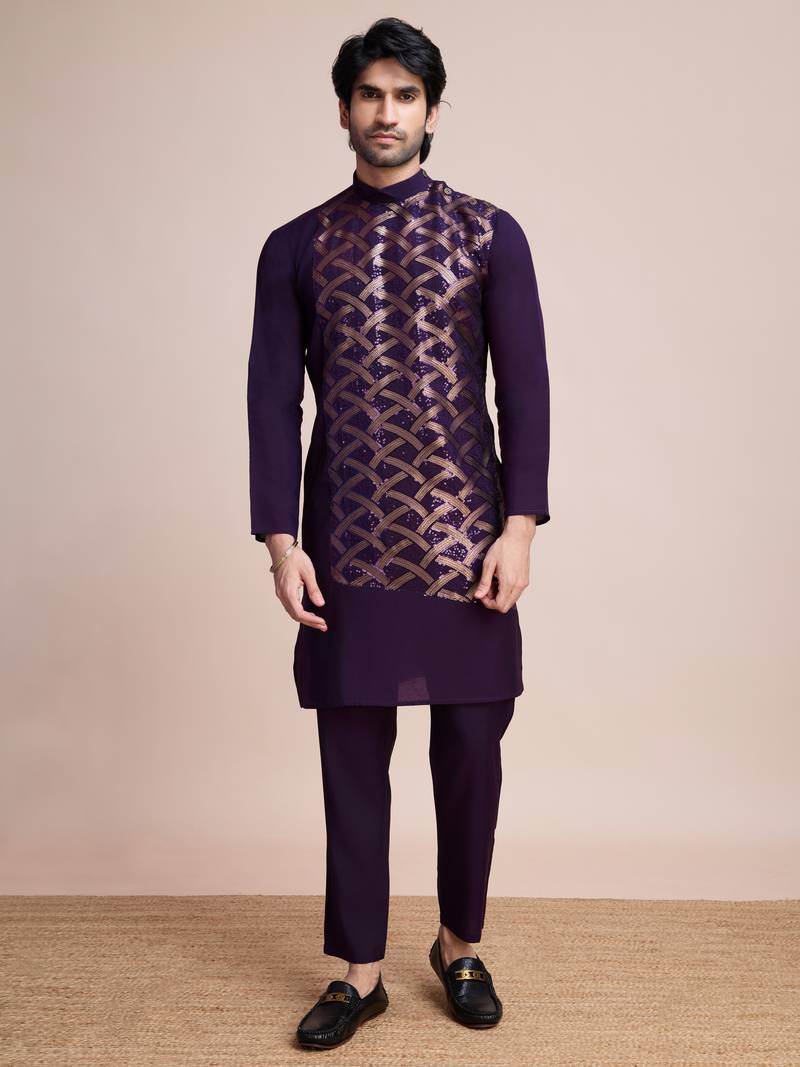purple silk thread and sequins embroidered straight kurta
