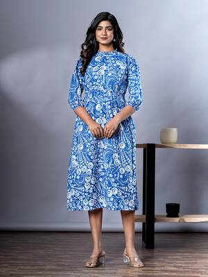 women blue and white paisley print fit & flare dresses 1