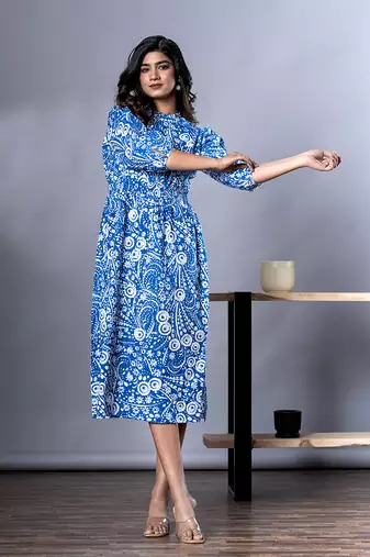 women blue and white paisley print fit & flare dresses