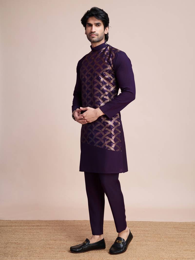 purple silk thread and sequins embroidered straight kurta