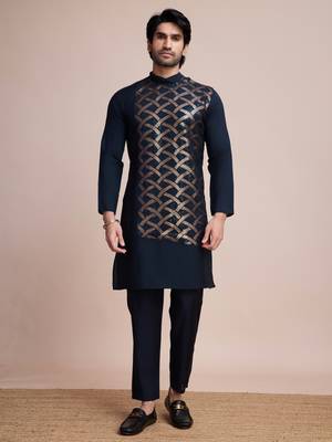 Navy blue silk thread and sequins embroidered work wedding function festival marriage party wear straight kurta 8