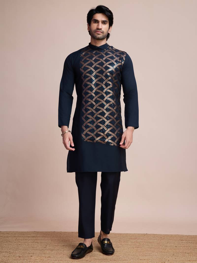 Navy blue silk thread and sequins embroidered work wedding function festival marriage party wear straight kurta