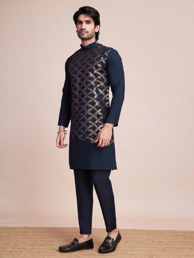 Navy blue silk thread and sequins embroidered work wedding function festival marriage party wear straight kurta
