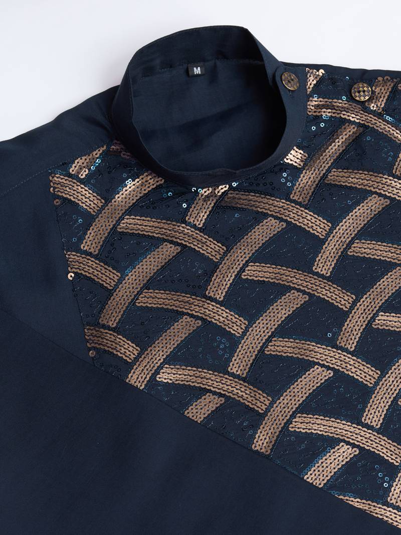 Navy blue silk thread and sequins embroidered work wedding function festival marriage party wear straight kurta