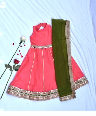 Coral long dress for girls with green dupatta 1