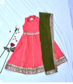 Coral long dress for girls with green dupatta