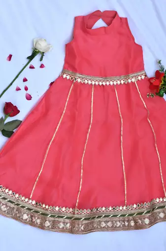 Coral long dress for girls with green dupatta