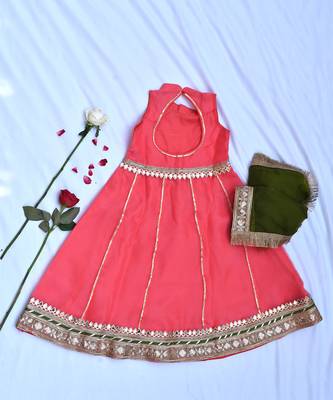 Coral long dress for girls with green dupatta 3