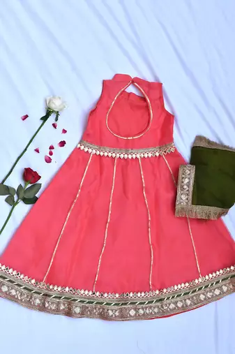 Coral long dress for girls with green dupatta