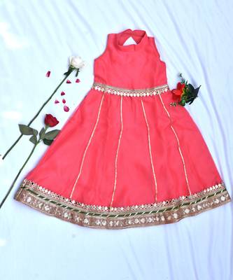 Coral long dress for girls with green dupatta 4