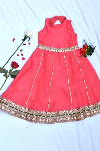 Coral long dress for girls with green dupatta
