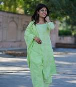 Green printed chanderi kurta and pant with dupatta set