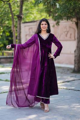 Wine velvet anarakali kurta with pants with organza dupatta set 2