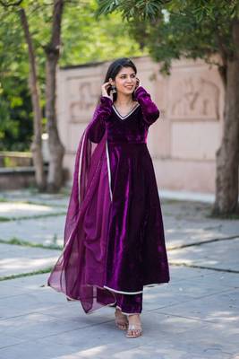 Wine velvet anarakali kurta with pants with organza dupatta set 3