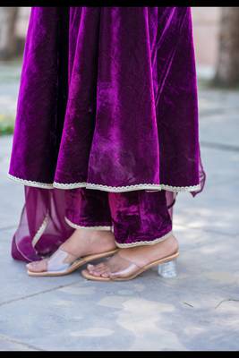Wine velvet anarakali kurta with pants with organza dupatta set 5