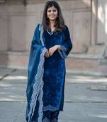 Embroidered velvet straight kurta with pants with organza cutwork dupatta set