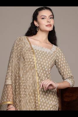 Pure cotton hand block printed straight kurta with cotton printed pants with kota doriya printed dupatta set 1