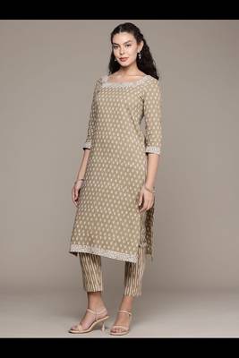 Pure cotton hand block printed straight kurta with cotton printed pants with kota doriya printed dupatta set 3