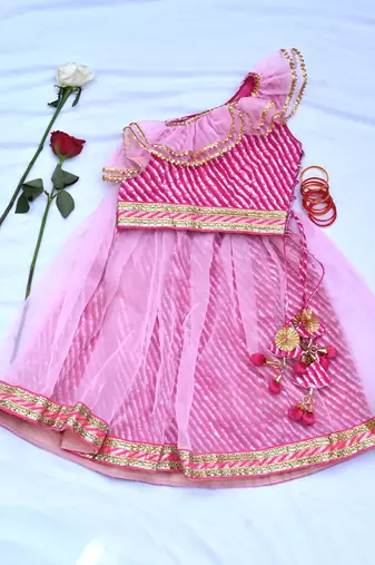 Off shoulder girls pink cotton lehenga
