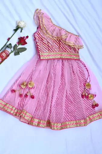 Off shoulder girls pink cotton lehenga