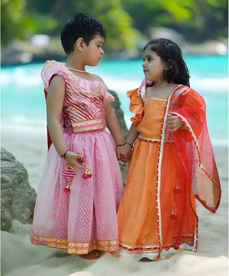 Pink off shoulder leheriya lehenga 4