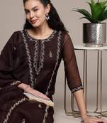 Pure kota doriya embroidered work on neck staraight kurta and solid pant with allover handblock dupatta set