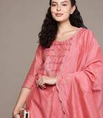 Pure chanderi silk emblished straight kurta and bottam with chanderi dupatta set