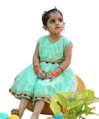 Sea green frock pleated yoke 3