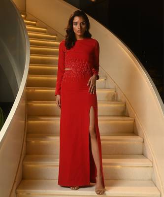 Red gown with side cutouts 1