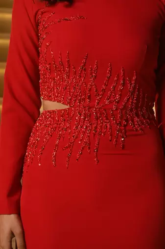 Red gown with side cutouts