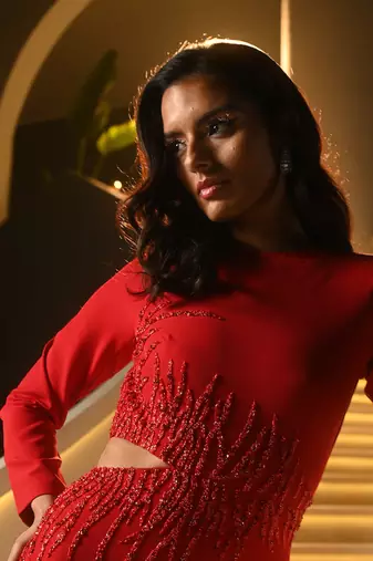Red gown with side cutouts