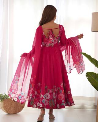 Floral Printed Organza Anarkali Kurta With Cotton Silk Pant And Dupatta. 3