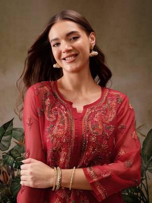 Hand Embroidered Red Georgette Lucknowi Chikan Women Kurta With Slip 7