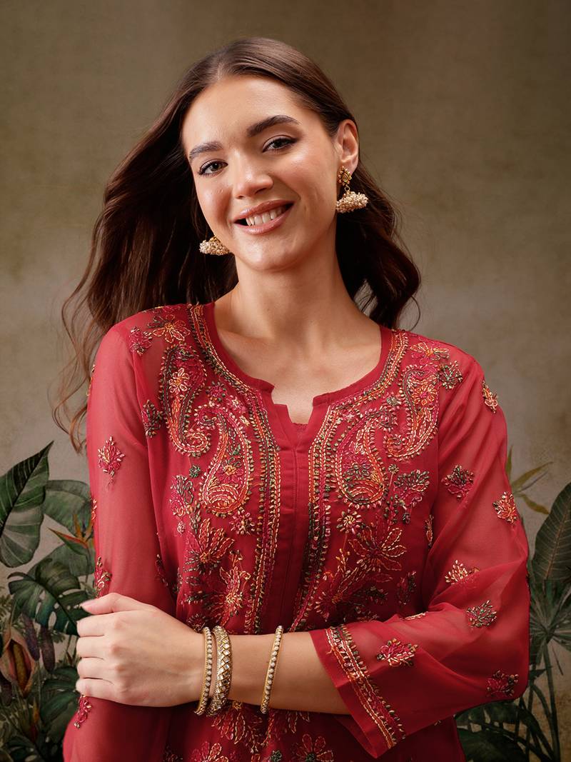 Hand Embroidered Red Georgette Lucknowi Chikan Women Kurta With Slip